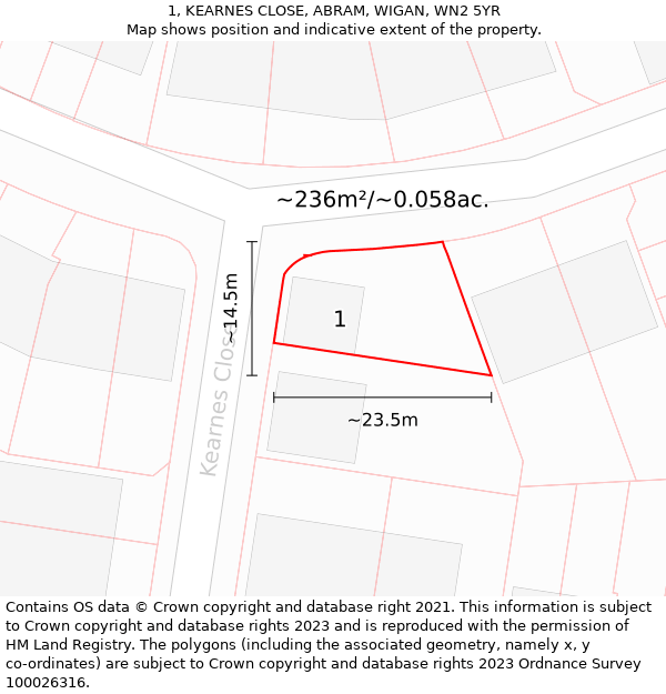 1, KEARNES CLOSE, ABRAM, WIGAN, WN2 5YR: Plot and title map