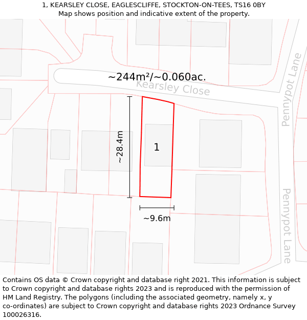 1, KEARSLEY CLOSE, EAGLESCLIFFE, STOCKTON-ON-TEES, TS16 0BY: Plot and title map