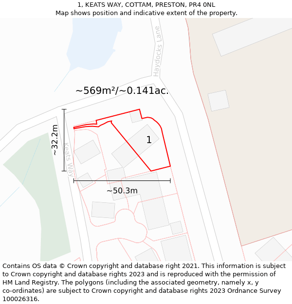 1, KEATS WAY, COTTAM, PRESTON, PR4 0NL: Plot and title map