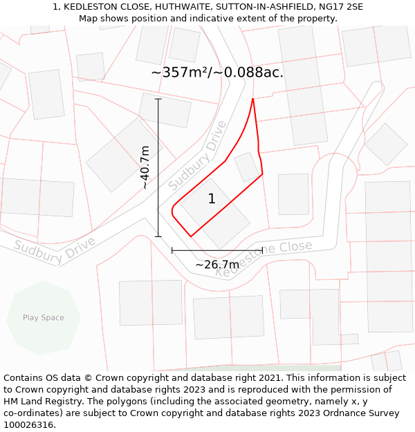 1, KEDLESTON CLOSE, HUTHWAITE, SUTTON-IN-ASHFIELD, NG17 2SE: Plot and title map