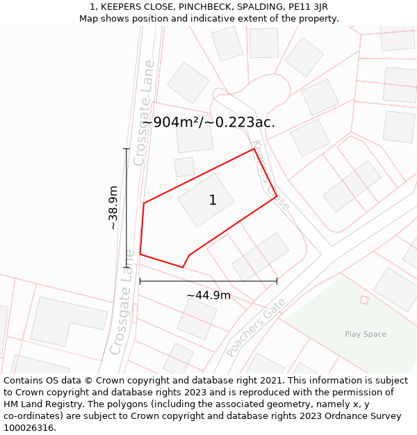 1, KEEPERS CLOSE, PINCHBECK, SPALDING, PE11 3JR: Plot and title map
