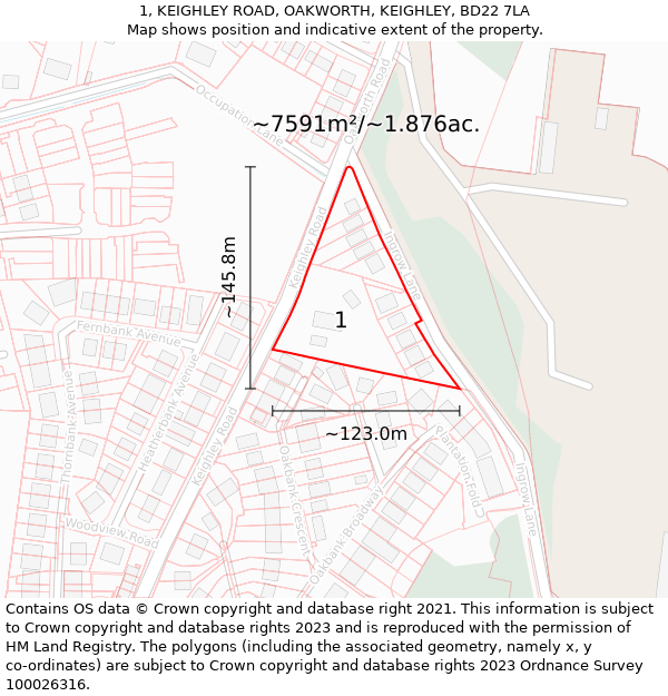 1, KEIGHLEY ROAD, OAKWORTH, KEIGHLEY, BD22 7LA: Plot and title map