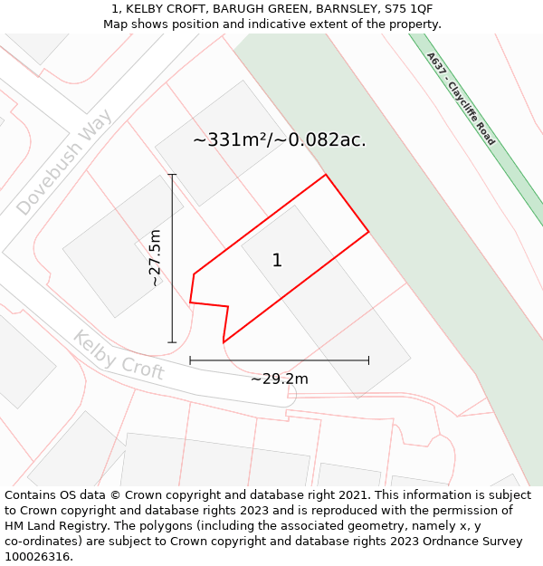 1, KELBY CROFT, BARUGH GREEN, BARNSLEY, S75 1QF: Plot and title map