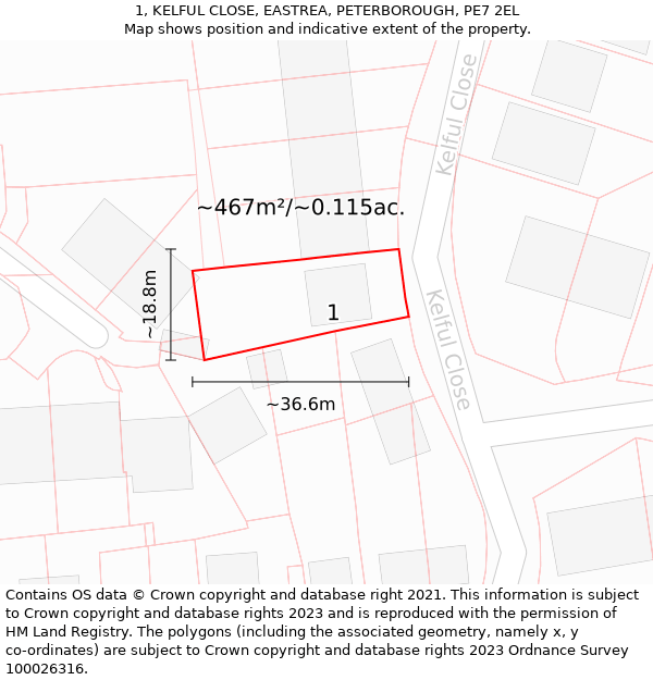 1, KELFUL CLOSE, EASTREA, PETERBOROUGH, PE7 2EL: Plot and title map