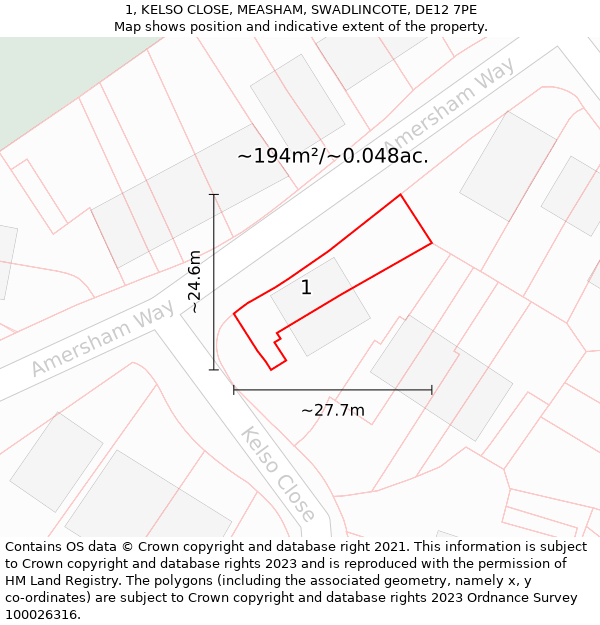 1, KELSO CLOSE, MEASHAM, SWADLINCOTE, DE12 7PE: Plot and title map