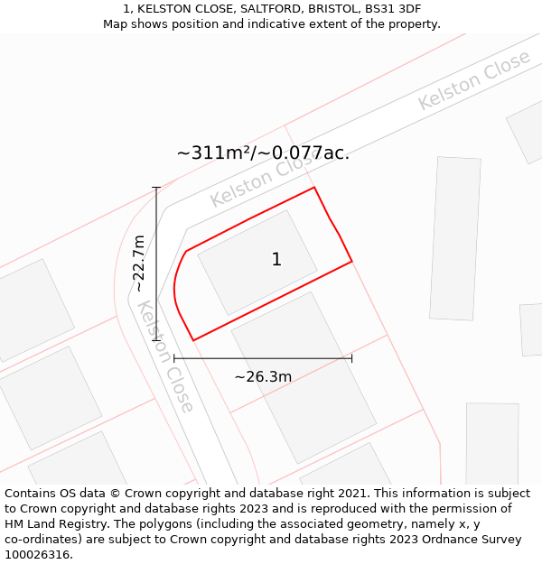 1, KELSTON CLOSE, SALTFORD, BRISTOL, BS31 3DF: Plot and title map