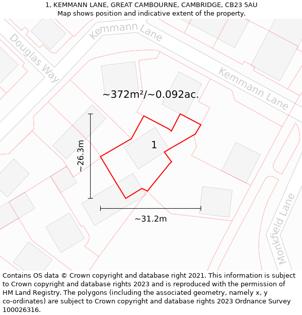 1, KEMMANN LANE, GREAT CAMBOURNE, CAMBRIDGE, CB23 5AU: Plot and title map