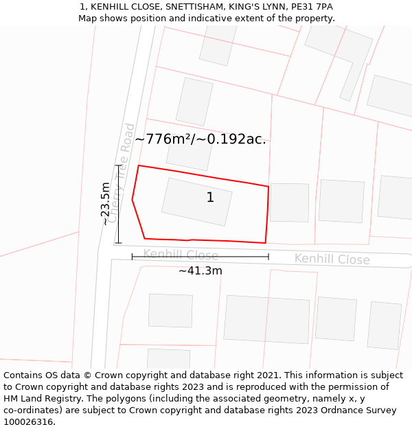 1, KENHILL CLOSE, SNETTISHAM, KING'S LYNN, PE31 7PA: Plot and title map