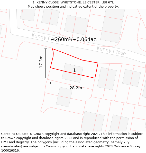 1, KENNY CLOSE, WHETSTONE, LEICESTER, LE8 6YL: Plot and title map