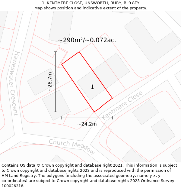 1, KENTMERE CLOSE, UNSWORTH, BURY, BL9 8EY: Plot and title map