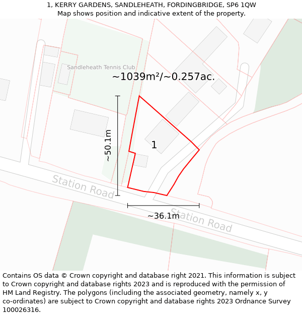 1, KERRY GARDENS, SANDLEHEATH, FORDINGBRIDGE, SP6 1QW: Plot and title map