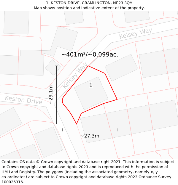 1, KESTON DRIVE, CRAMLINGTON, NE23 3QA: Plot and title map