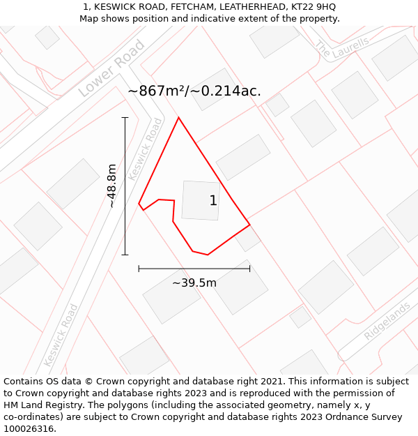 1, KESWICK ROAD, FETCHAM, LEATHERHEAD, KT22 9HQ: Plot and title map