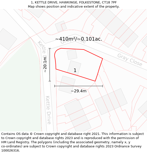 1, KETTLE DRIVE, HAWKINGE, FOLKESTONE, CT18 7PF: Plot and title map