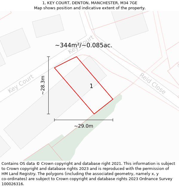 1, KEY COURT, DENTON, MANCHESTER, M34 7GE: Plot and title map