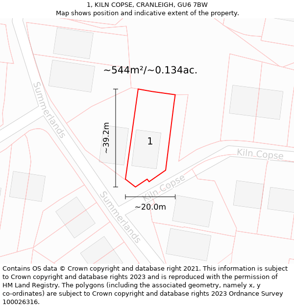 1, KILN COPSE, CRANLEIGH, GU6 7BW: Plot and title map