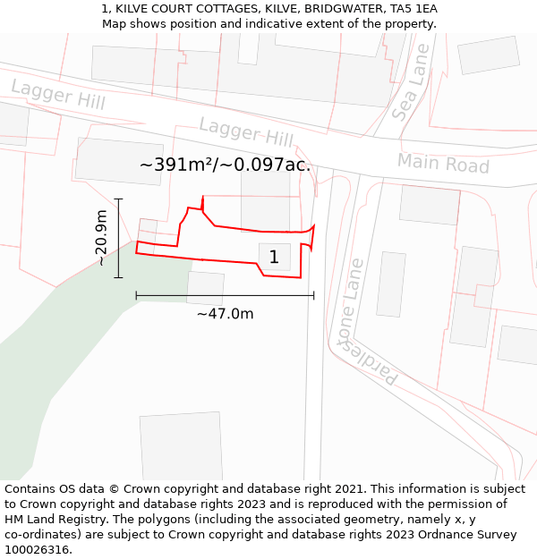 1, KILVE COURT COTTAGES, KILVE, BRIDGWATER, TA5 1EA: Plot and title map