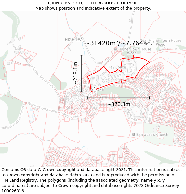 1, KINDERS FOLD, LITTLEBOROUGH, OL15 9LT: Plot and title map