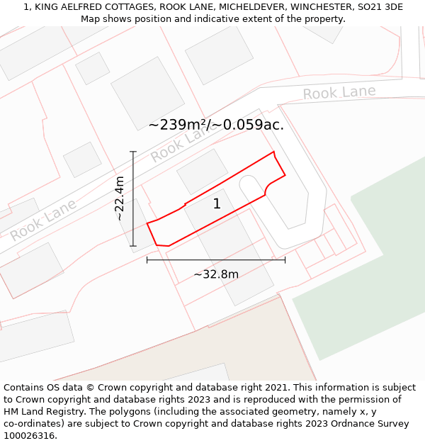 1, KING AELFRED COTTAGES, ROOK LANE, MICHELDEVER, WINCHESTER, SO21 3DE: Plot and title map