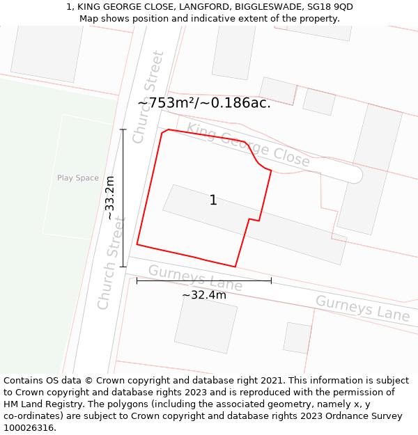 1, KING GEORGE CLOSE, LANGFORD, BIGGLESWADE, SG18 9QD: Plot and title map