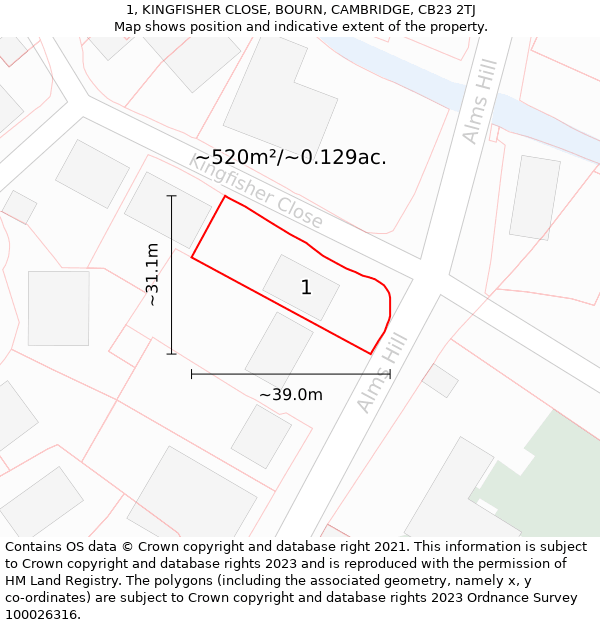 1, KINGFISHER CLOSE, BOURN, CAMBRIDGE, CB23 2TJ: Plot and title map