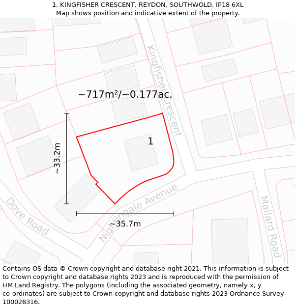 1, KINGFISHER CRESCENT, REYDON, SOUTHWOLD, IP18 6XL: Plot and title map