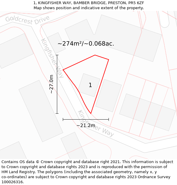 1, KINGFISHER WAY, BAMBER BRIDGE, PRESTON, PR5 6ZF: Plot and title map