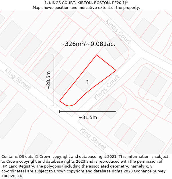 1, KINGS COURT, KIRTON, BOSTON, PE20 1JY: Plot and title map