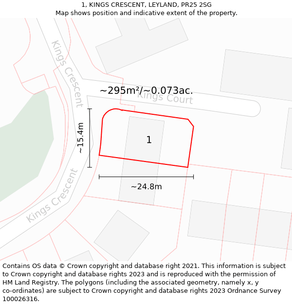 1, KINGS CRESCENT, LEYLAND, PR25 2SG: Plot and title map