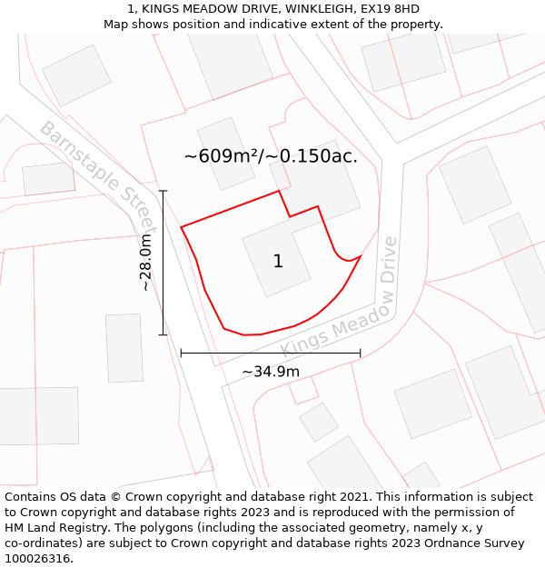 1, KINGS MEADOW DRIVE, WINKLEIGH, EX19 8HD: Plot and title map