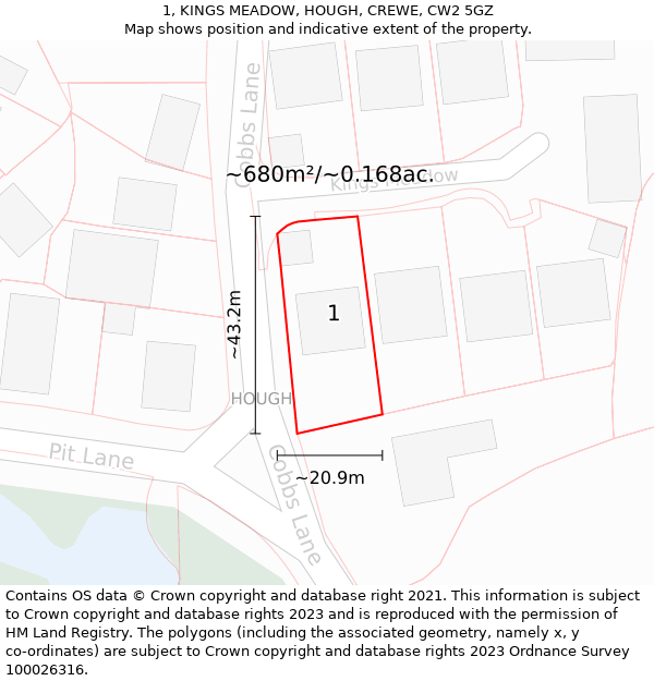 1, KINGS MEADOW, HOUGH, CREWE, CW2 5GZ: Plot and title map