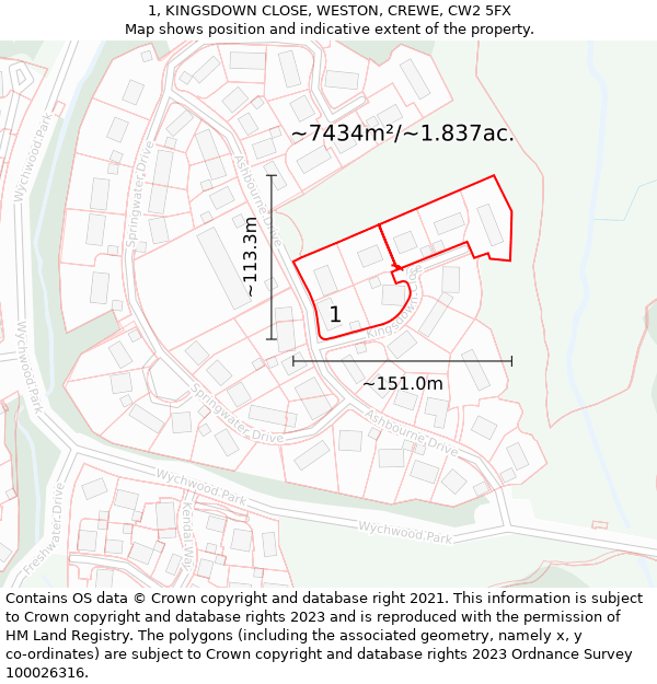 1, KINGSDOWN CLOSE, WESTON, CREWE, CW2 5FX: Plot and title map