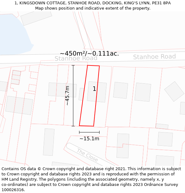 1, KINGSDOWN COTTAGE, STANHOE ROAD, DOCKING, KING'S LYNN, PE31 8PA: Plot and title map