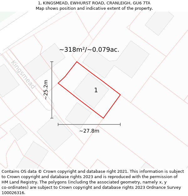 1, KINGSMEAD, EWHURST ROAD, CRANLEIGH, GU6 7TA: Plot and title map