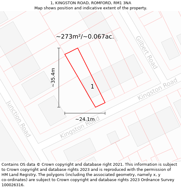 1, KINGSTON ROAD, ROMFORD, RM1 3NA: Plot and title map