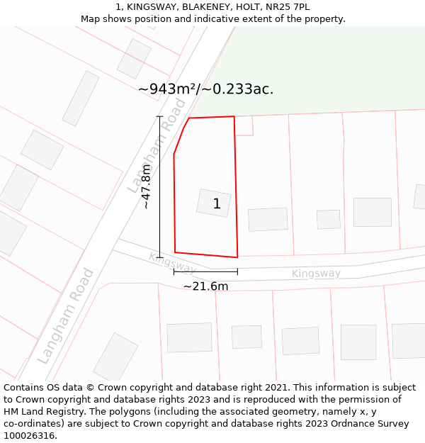 1, KINGSWAY, BLAKENEY, HOLT, NR25 7PL: Plot and title map