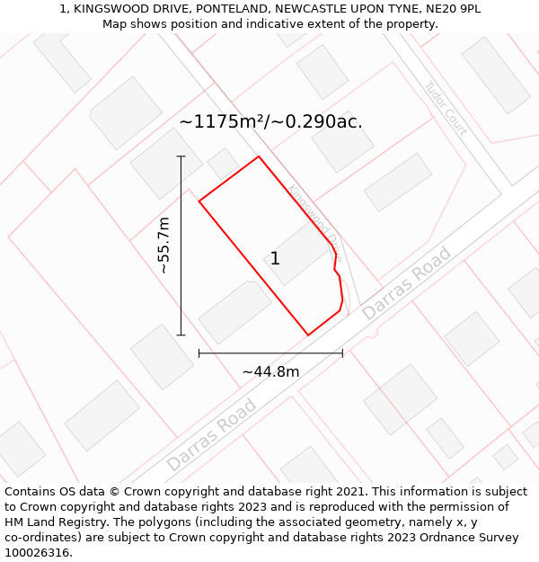 1, KINGSWOOD DRIVE, PONTELAND, NEWCASTLE UPON TYNE, NE20 9PL: Plot and title map