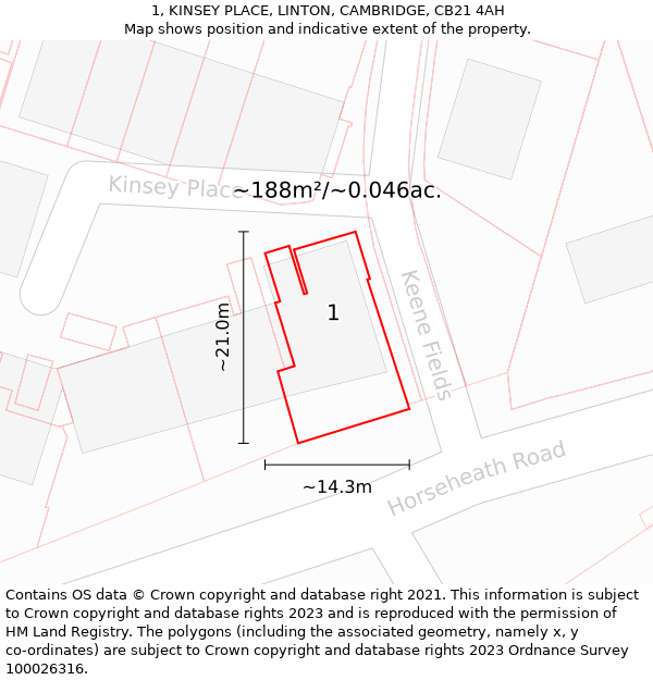 1, KINSEY PLACE, LINTON, CAMBRIDGE, CB21 4AH: Plot and title map