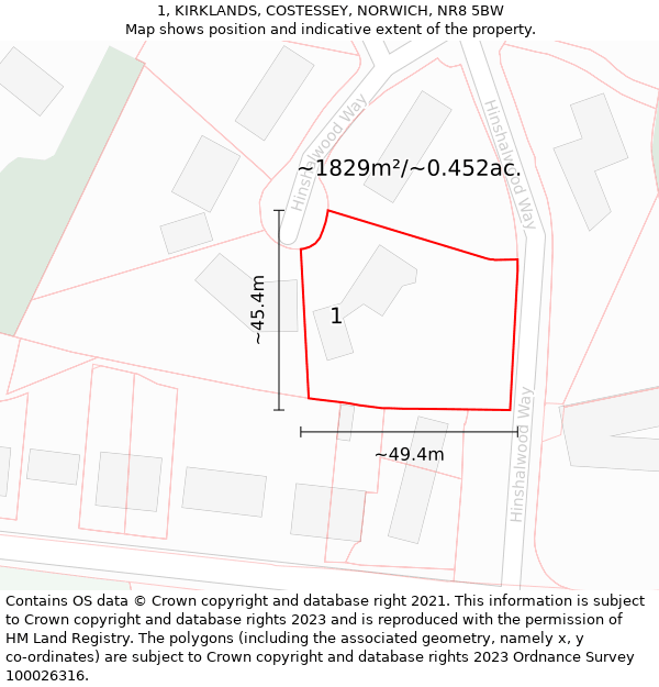 1, KIRKLANDS, COSTESSEY, NORWICH, NR8 5BW: Plot and title map