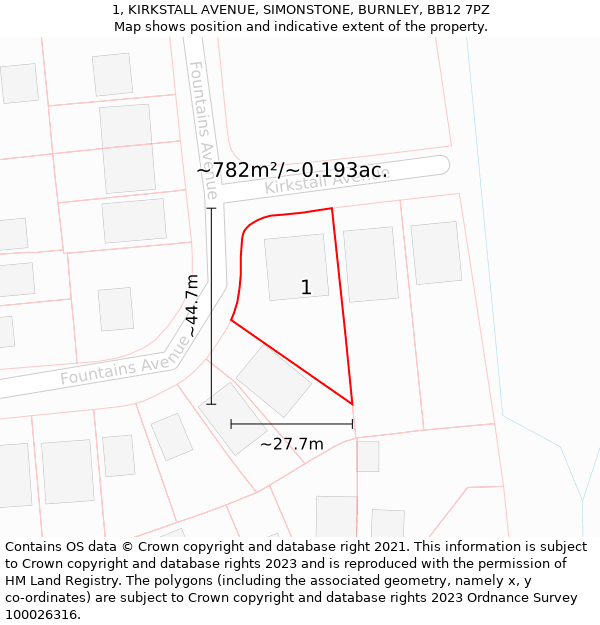 1, KIRKSTALL AVENUE, SIMONSTONE, BURNLEY, BB12 7PZ: Plot and title map