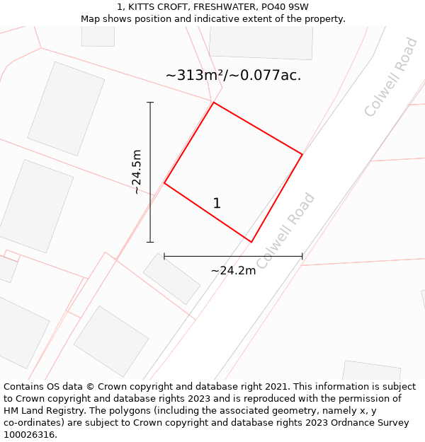 1, KITTS CROFT, FRESHWATER, PO40 9SW: Plot and title map