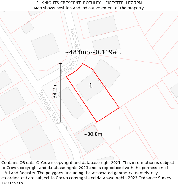 1, KNIGHTS CRESCENT, ROTHLEY, LEICESTER, LE7 7PN: Plot and title map