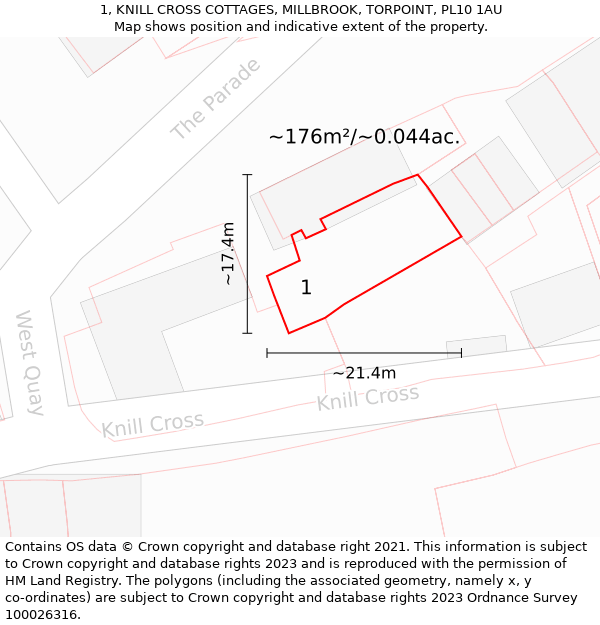 1, KNILL CROSS COTTAGES, MILLBROOK, TORPOINT, PL10 1AU: Plot and title map