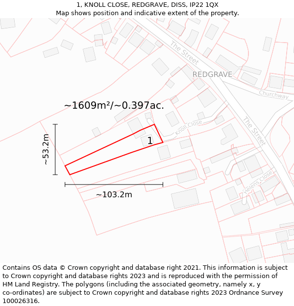 1, KNOLL CLOSE, REDGRAVE, DISS, IP22 1QX: Plot and title map