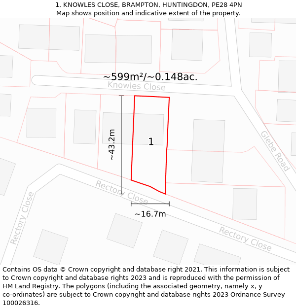 1, KNOWLES CLOSE, BRAMPTON, HUNTINGDON, PE28 4PN: Plot and title map