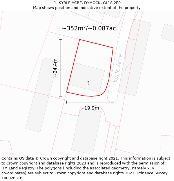 1, KYRLE ACRE, DYMOCK, GL18 2EP: Plot and title map