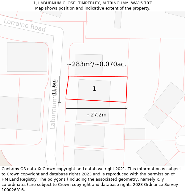 1, LABURNUM CLOSE, TIMPERLEY, ALTRINCHAM, WA15 7RZ: Plot and title map