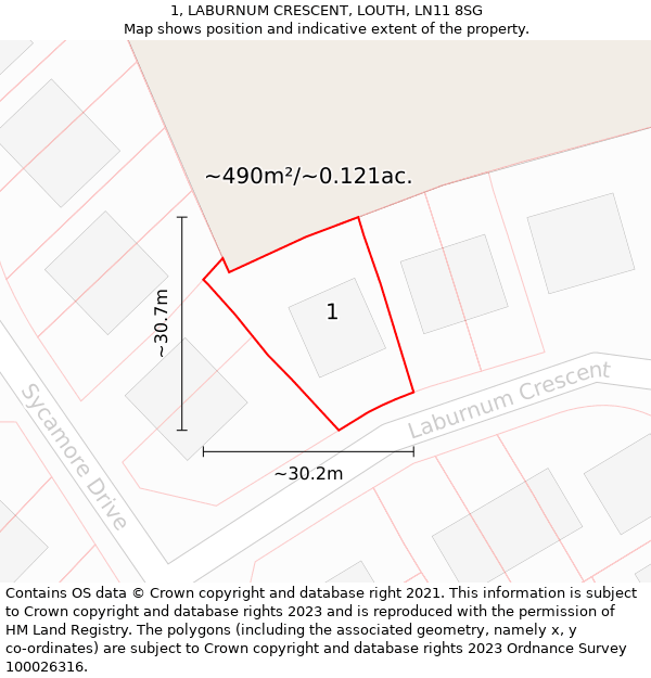 1, LABURNUM CRESCENT, LOUTH, LN11 8SG: Plot and title map