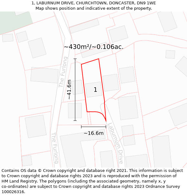 1, LABURNUM DRIVE, CHURCHTOWN, DONCASTER, DN9 1WE: Plot and title map