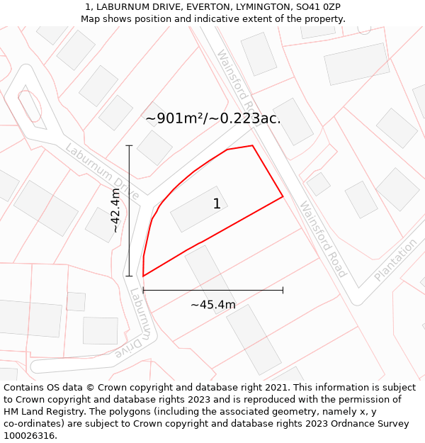 1, LABURNUM DRIVE, EVERTON, LYMINGTON, SO41 0ZP: Plot and title map